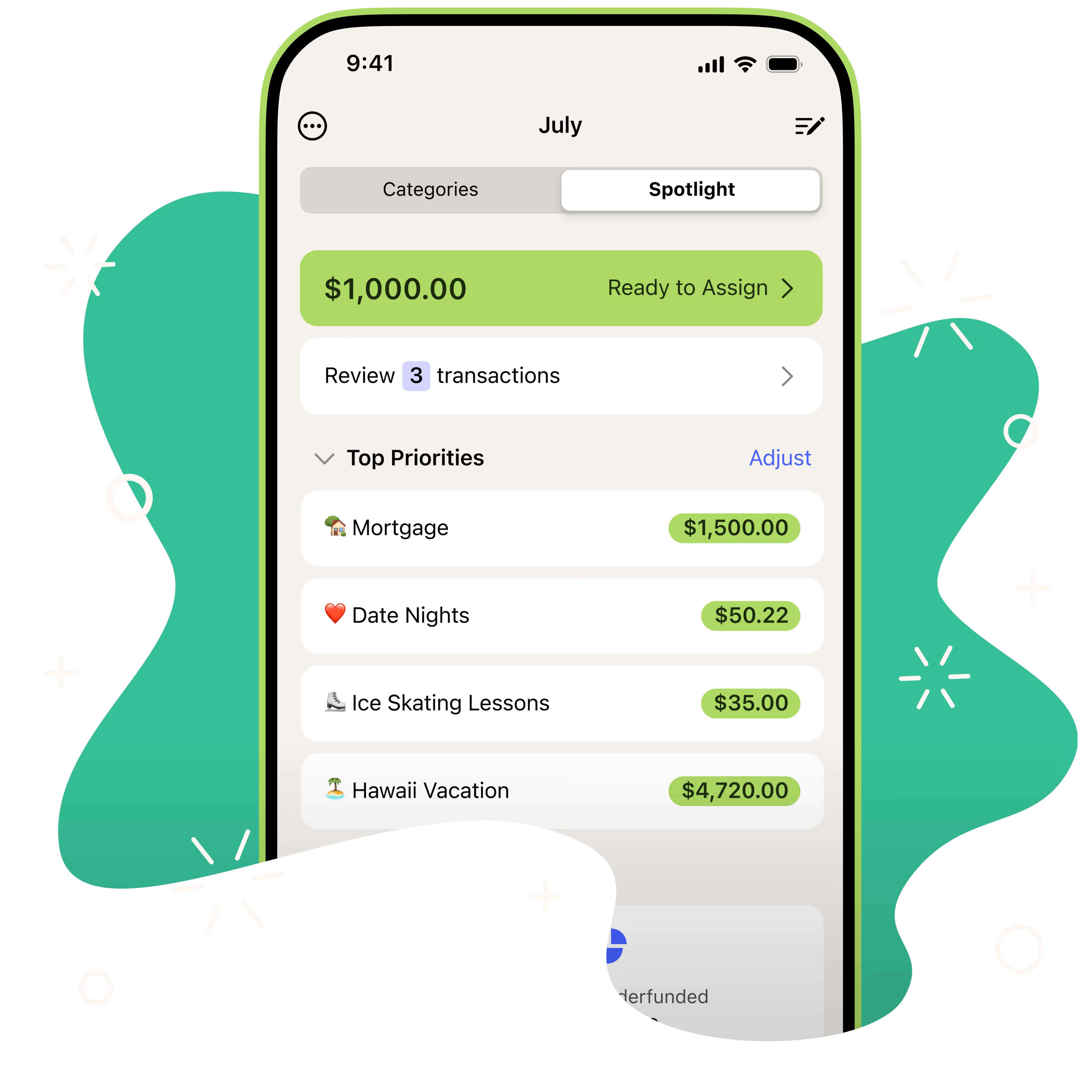 A phone with the YNAB app coming out of a squiggly shaped-portal surrounded by sparks and bubbles